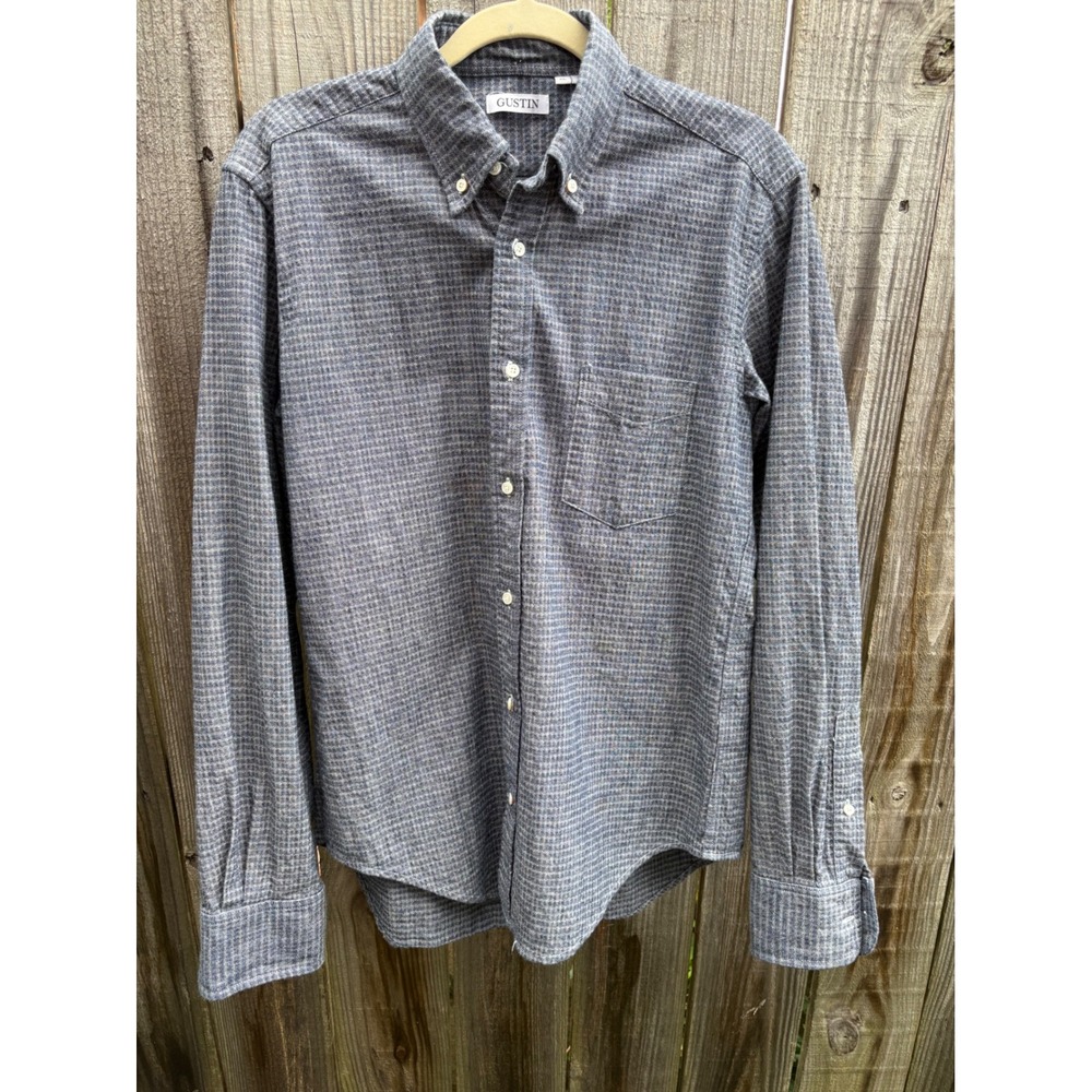 Gustin Mens Blue White Textured Cotton Button Down Shirt Made in USA Size L